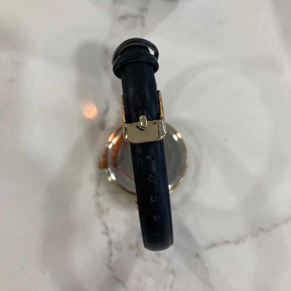Ann Taylor Factory Crystal Heart Print Black Leather Band Watch